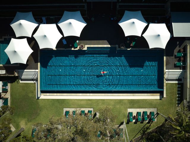 aerial of adults-only pool at crystalbrook byron bay, winner in nsw north coast tourism awards