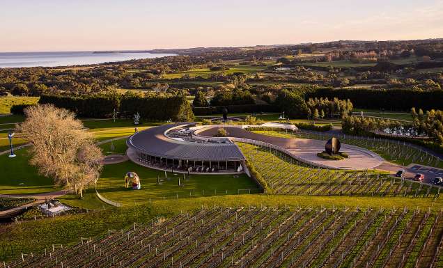 Aerial view of Pt. Leo Estate overlooking rolling vineyards and the coastline on Victoria's Mornington Peninsula.