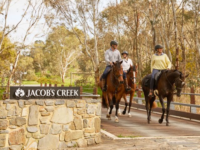 Visitors riding horses through the vineyards at Jacob's Creek, enjoying a scenic wine country experience.