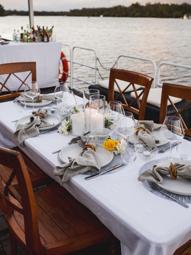 dining on a barge on Makepeace Island