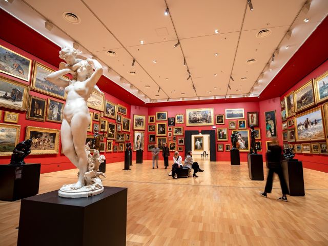 Striking artwork inside the National Gallery of Victoria's stunning red gallery.