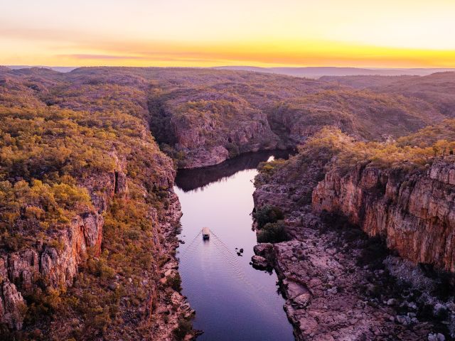 Aerial view of Nitmiluk Gorge, showcasing its dramatic cliffs and waterways.