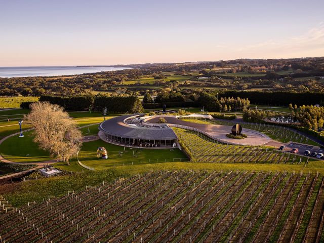 Aerial view of Pt. Leo Estate overlooking rolling vineyards and the coastline on Victoria's Mornington Peninsula.