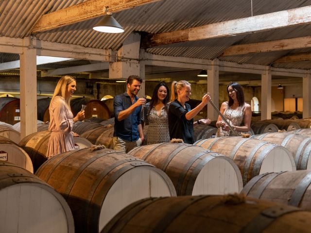 Guests sampling wines beside oak barrels during a guided cellar tasting.