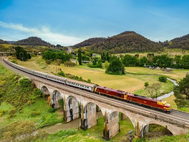 aerial shot of vintage rail journeys train