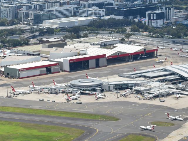 aerial of qantast planes at sydney airport