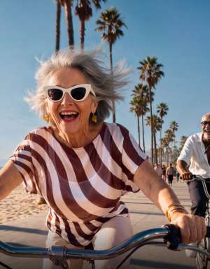 An elderly woman having the time of her life on a bike.